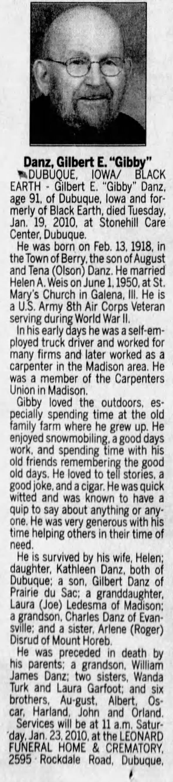 Obituary for Gilbert E. Danz Gibby, 1918-2010 (Aged 91)